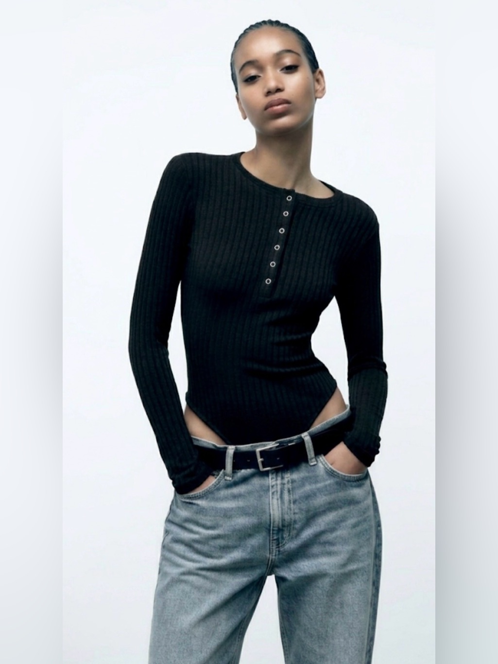 Zara Black Ribbed Henley Long Sleeve Bodysuit
